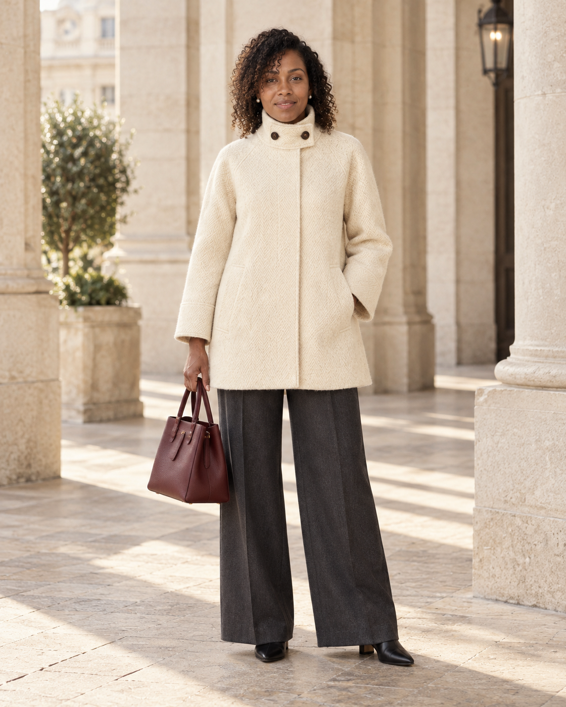 Ivielle Funnel Coat in cream — approved Model 7 front view