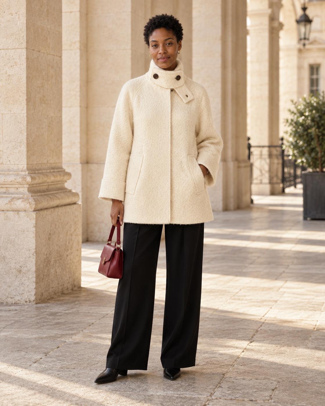 Ivielle Funnel Coat in cream — approved Model 8 front view