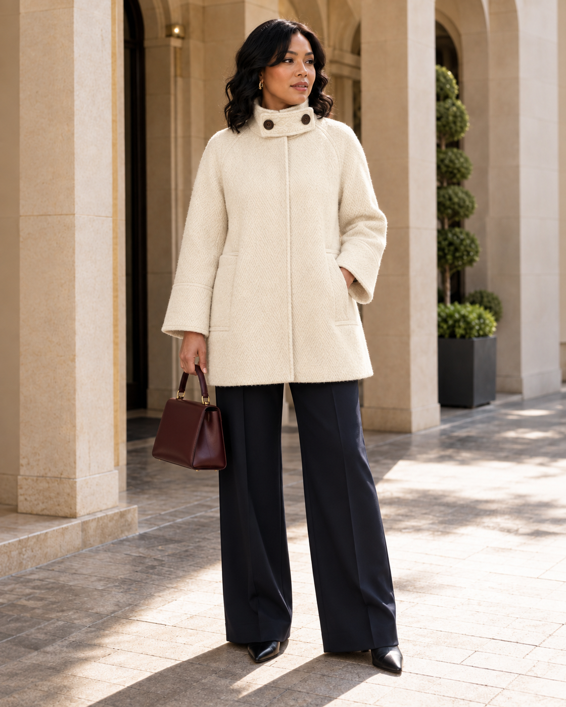Ivielle Funnel Coat in cream — approved Model 10 front view