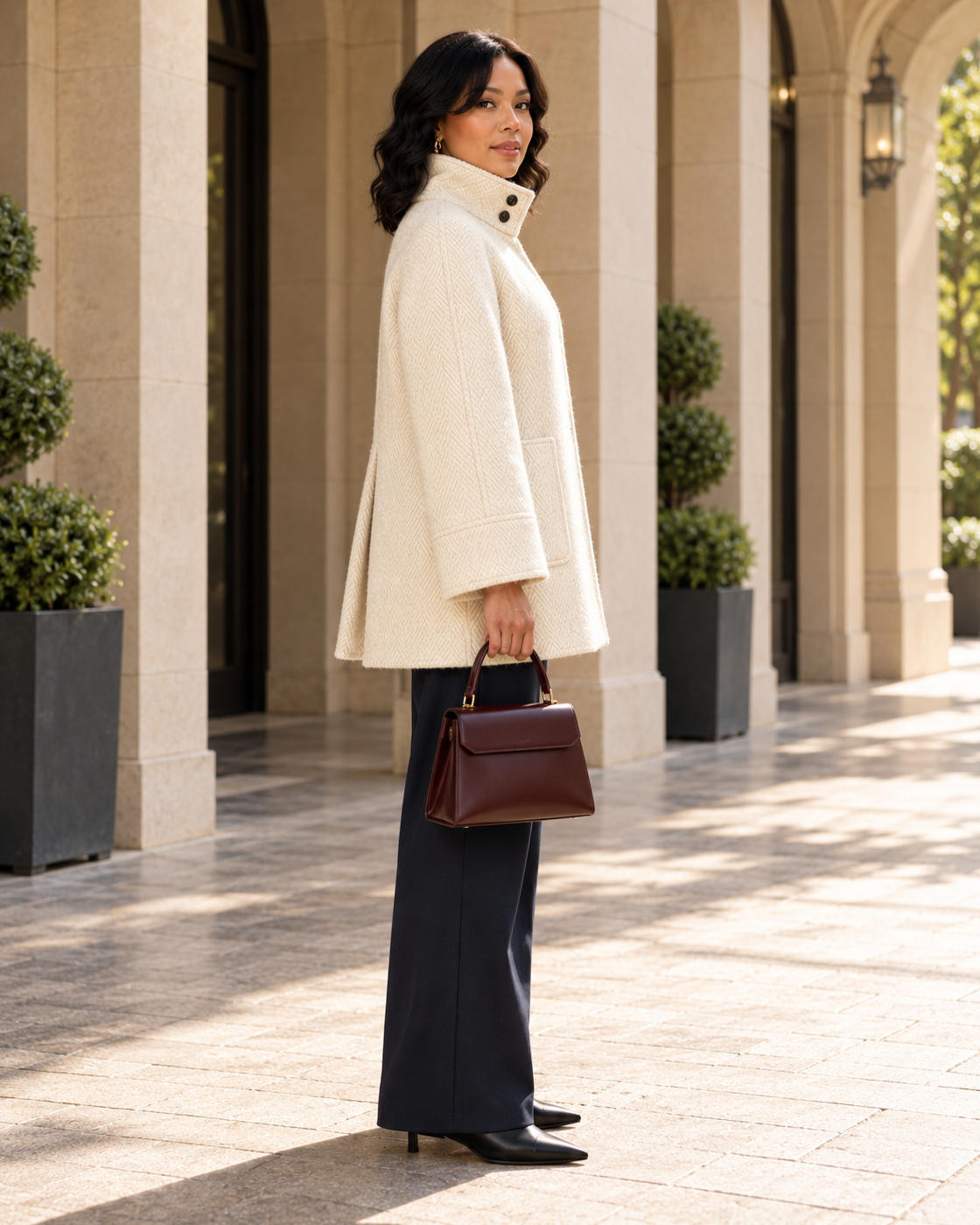 Ivielle Funnel Coat in cream — approved Model 10 side view