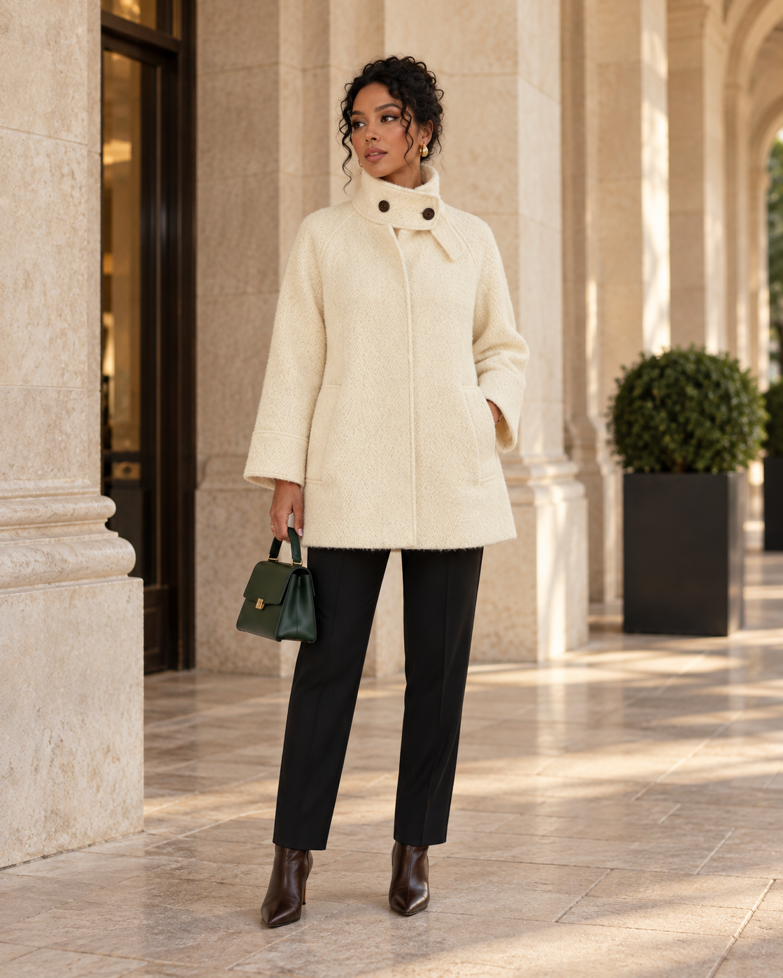 Ivielle Funnel Coat in cream — approved Model 11 front view