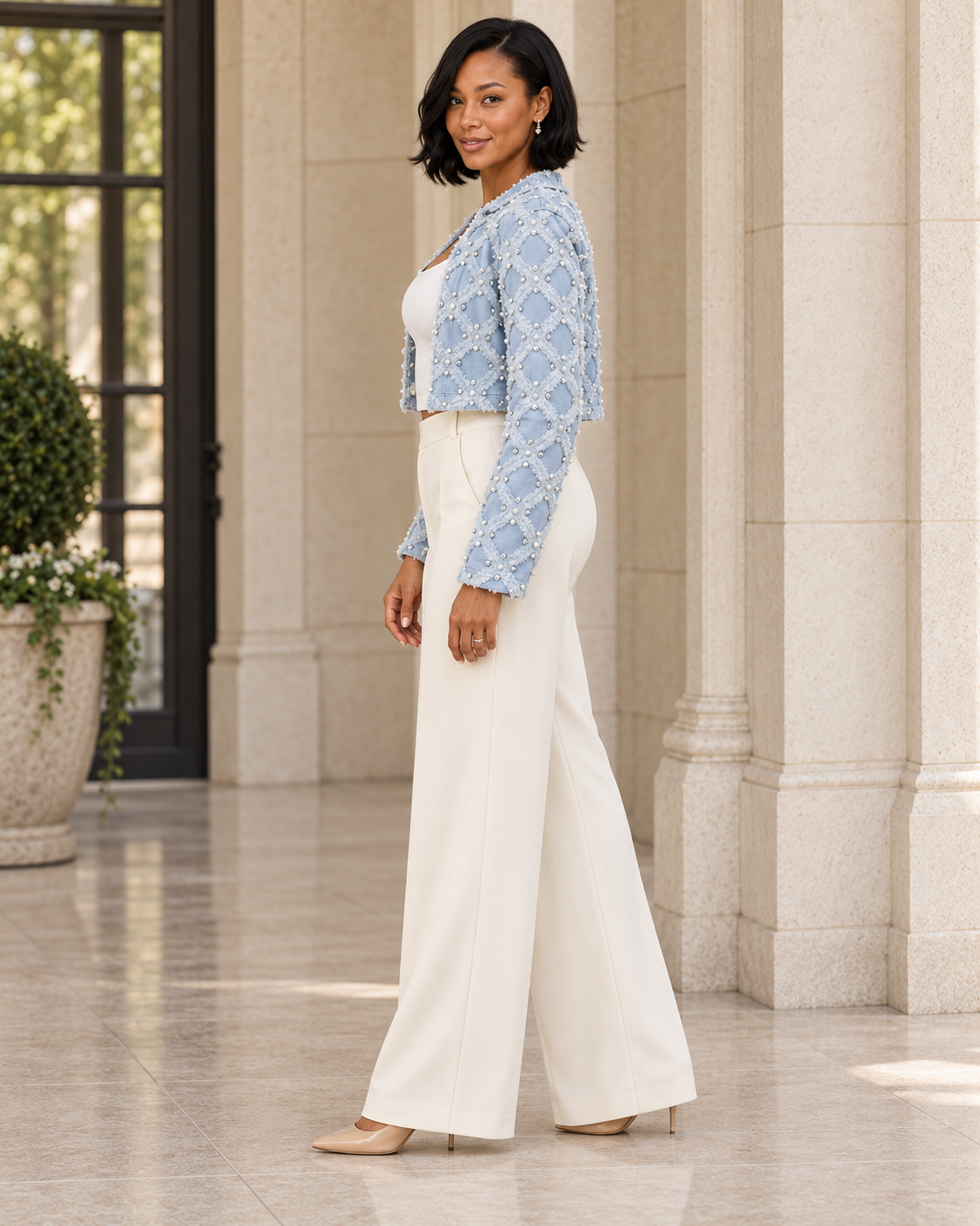 Kestria Lattice Jacket in light blue — Model 3, true side profile view