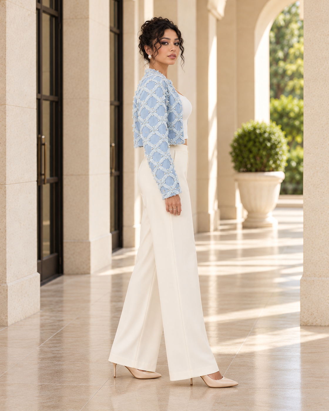 Kestria Lattice Jacket in light blue — Model 9, true side profile view