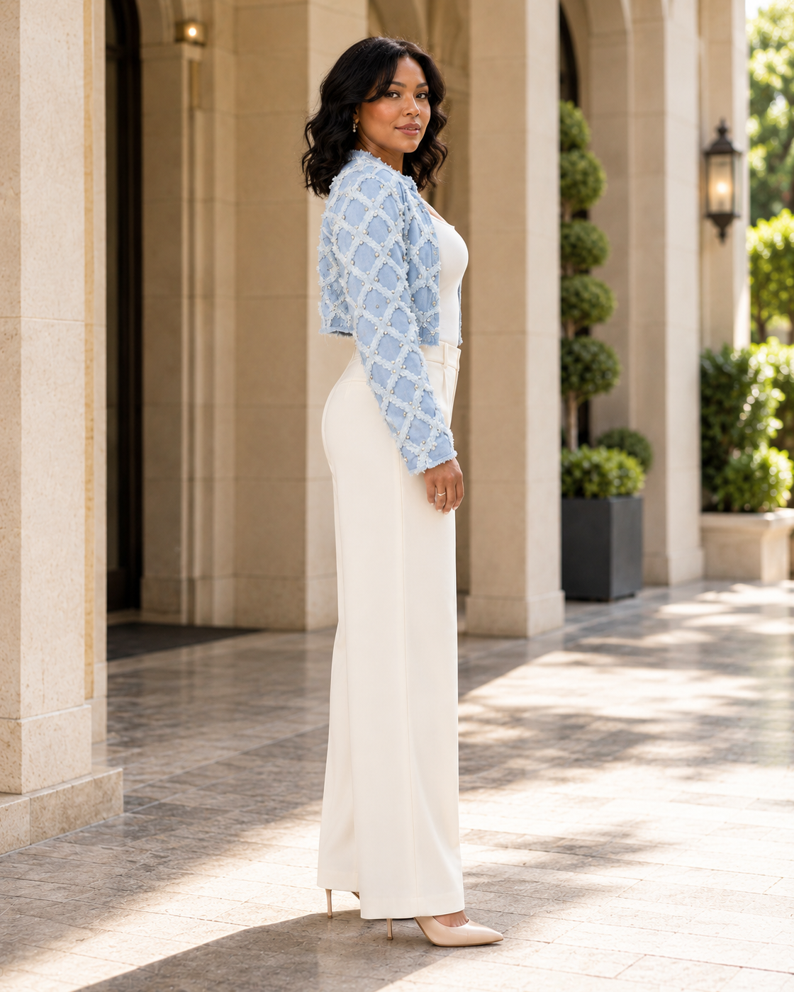 Kestria Lattice Jacket in light blue — Model 10, true side profile view