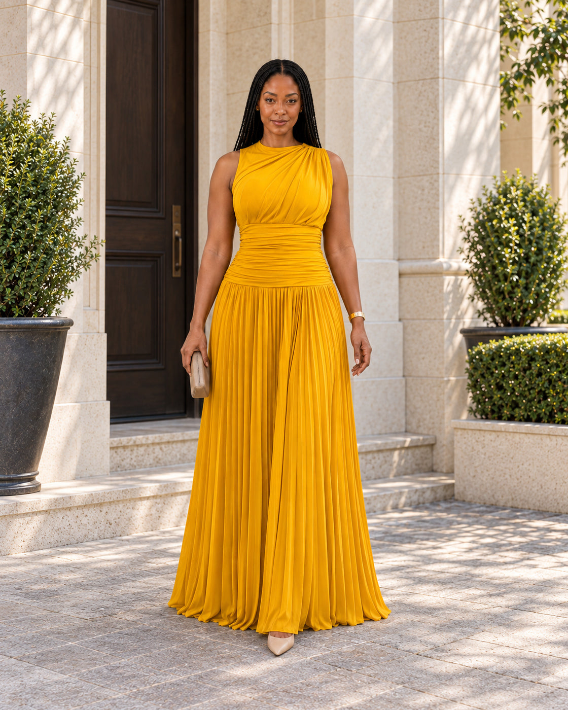 Lisara Pleated Maxi Dress in Golden — Model 1, front view