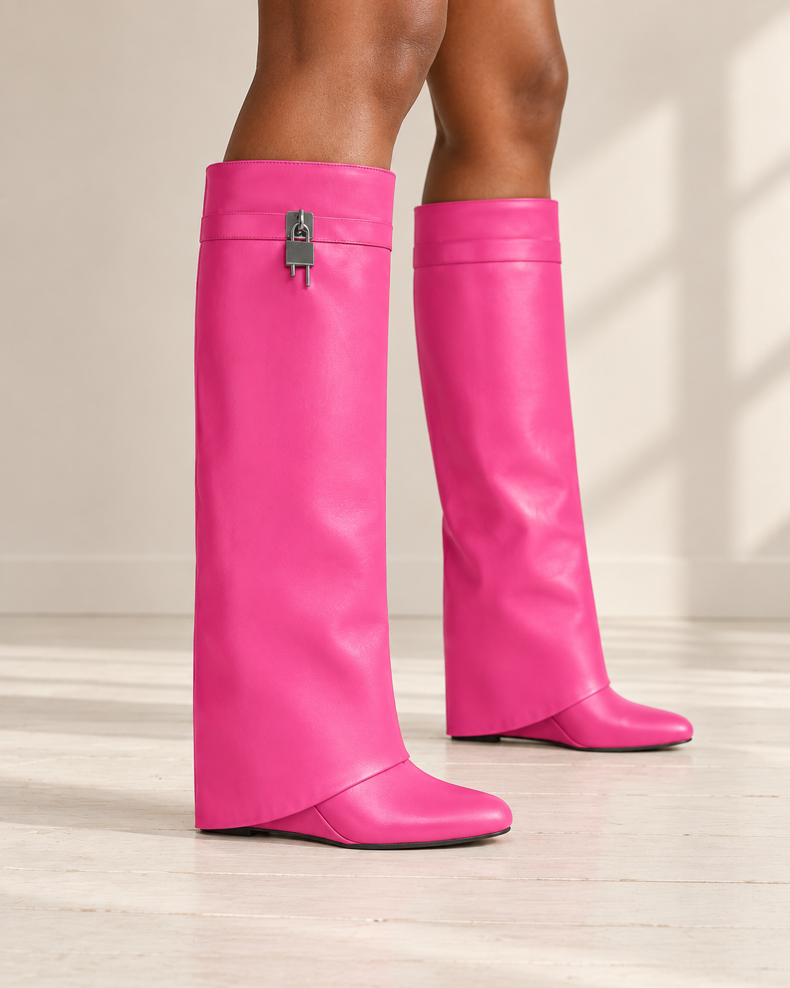 Maelle Lock Boots in Hot Pink — true side on foot