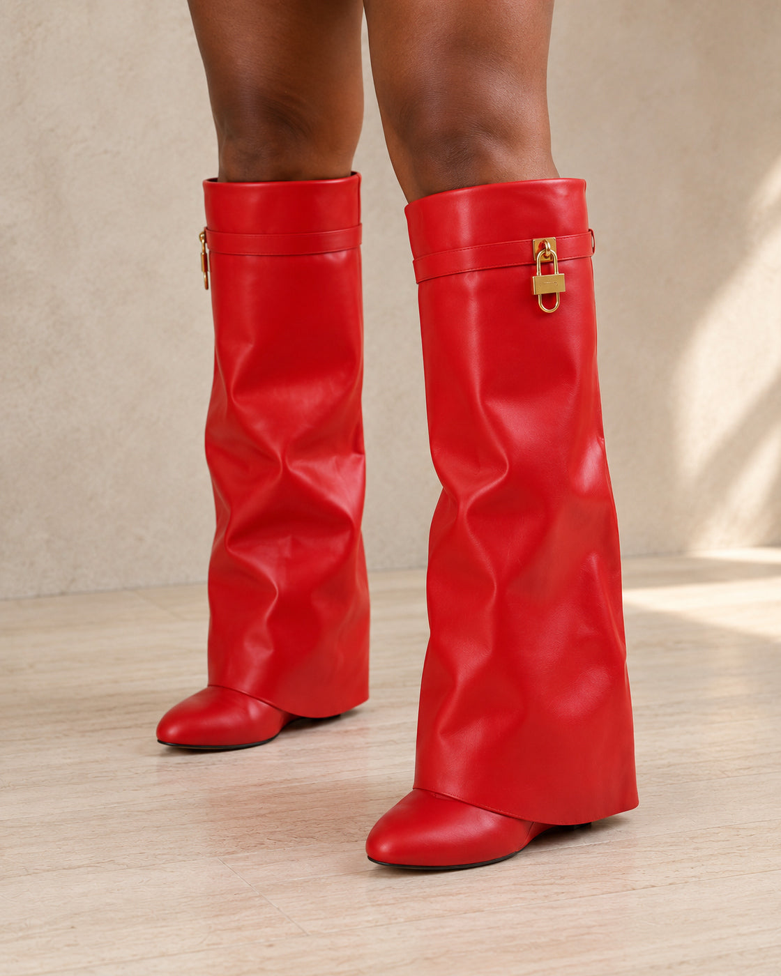 Maelle Lock Boots in Red — front on foot