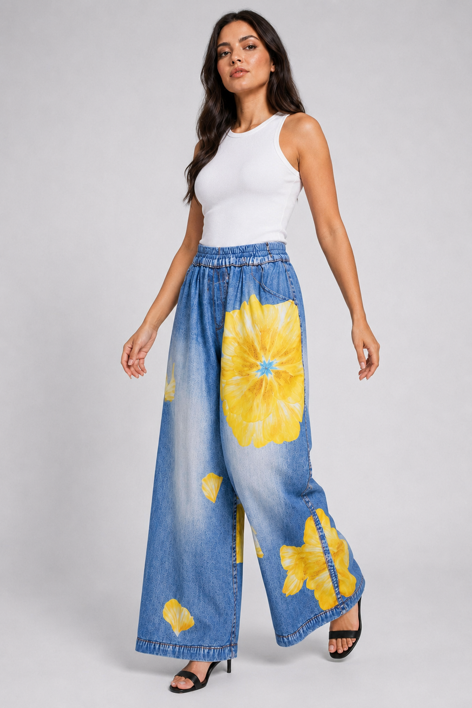 Marisol Floral Jogger Pants in Yellow Floral, side-step front view