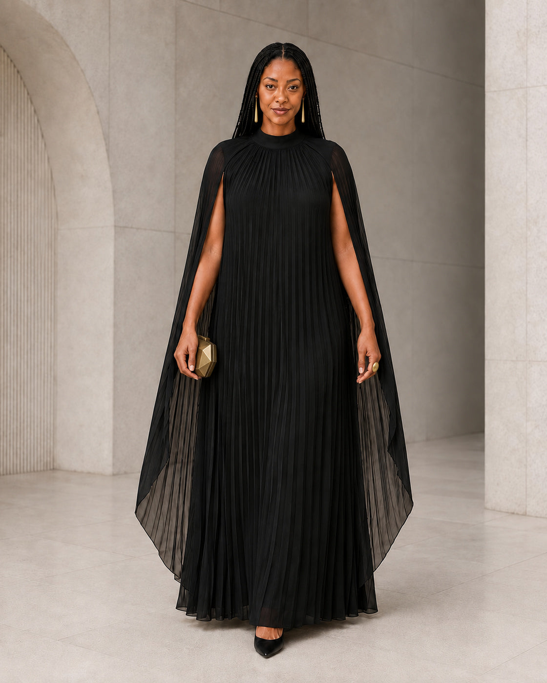 Nayara Cape Gown - Black - Model 1 - Front styled look