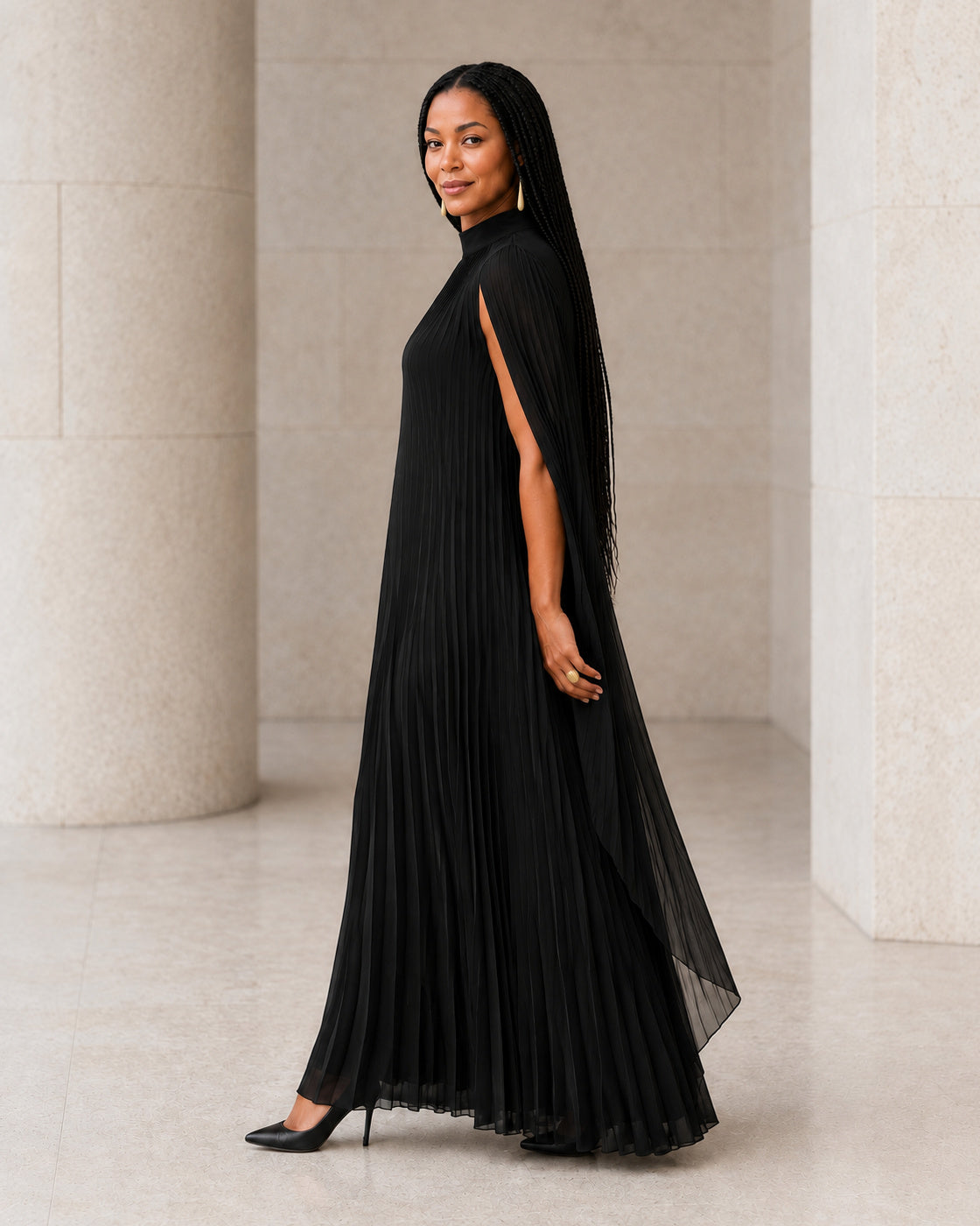 Nayara Cape Gown - Black - Model 1 - True side styled look