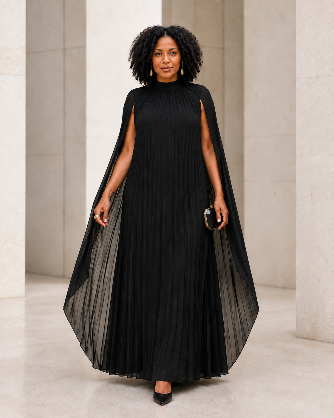 Nayara Cape Gown - Black - Model 2 - Front styled look