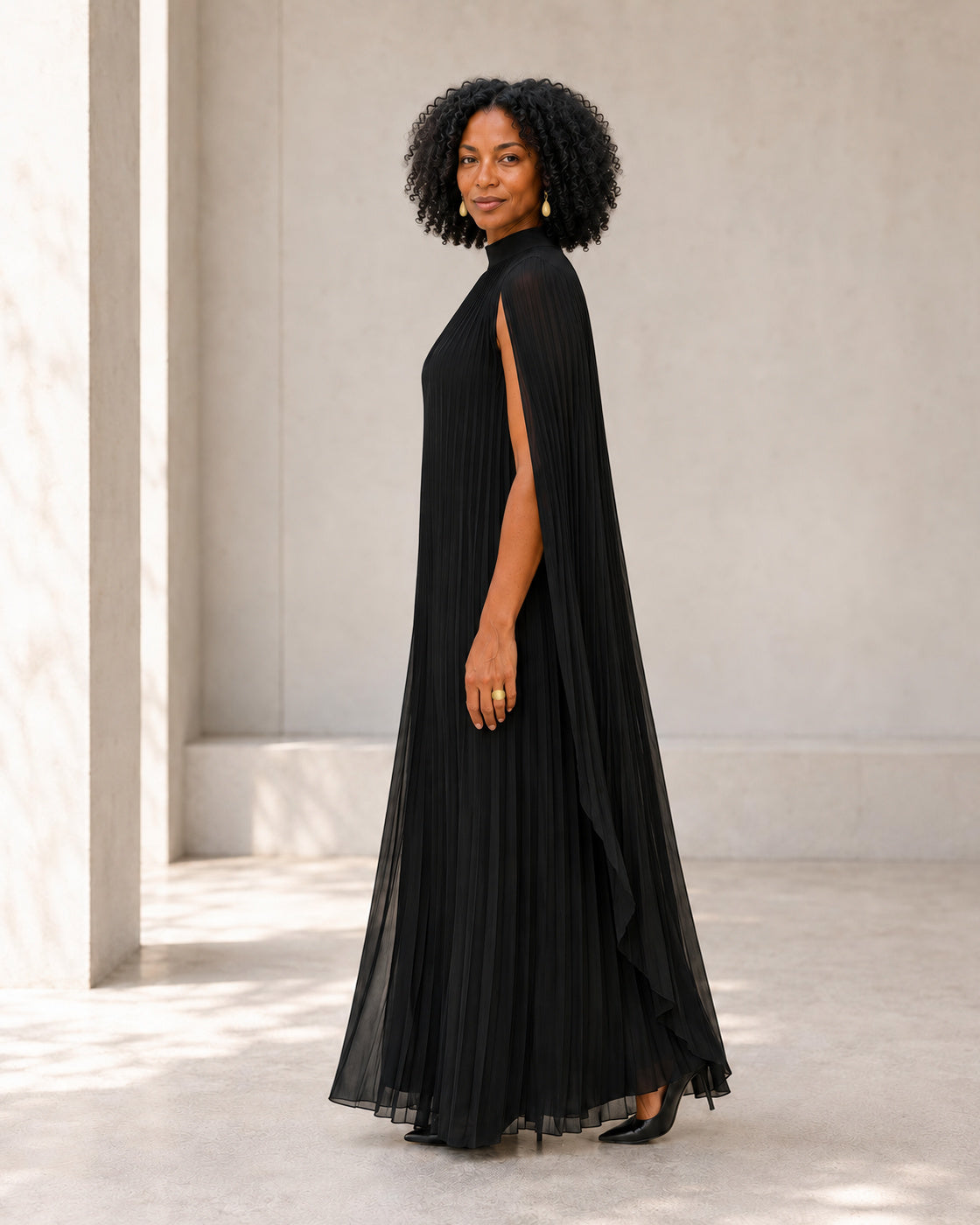 Nayara Cape Gown - Black - Model 2 - True side styled look