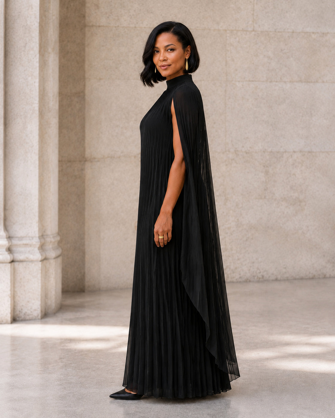 Nayara Cape Gown - Black - Model 3 - True side styled look