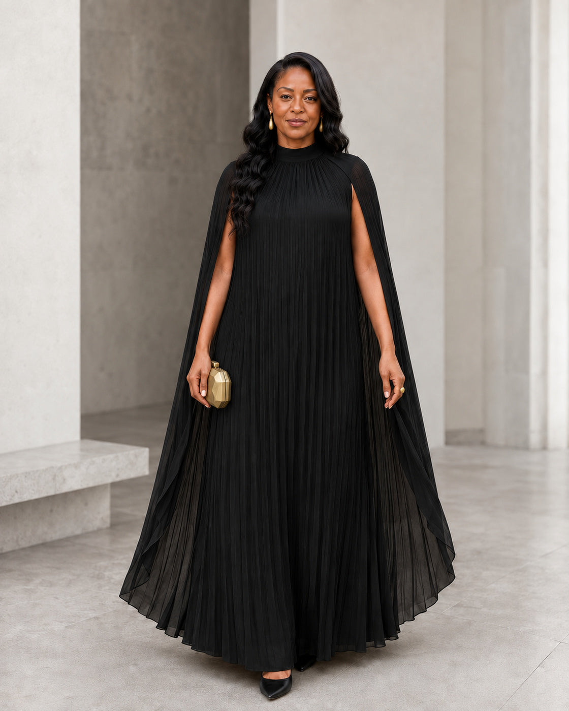 Nayara Cape Gown - Black - Model 5 - Front styled look
