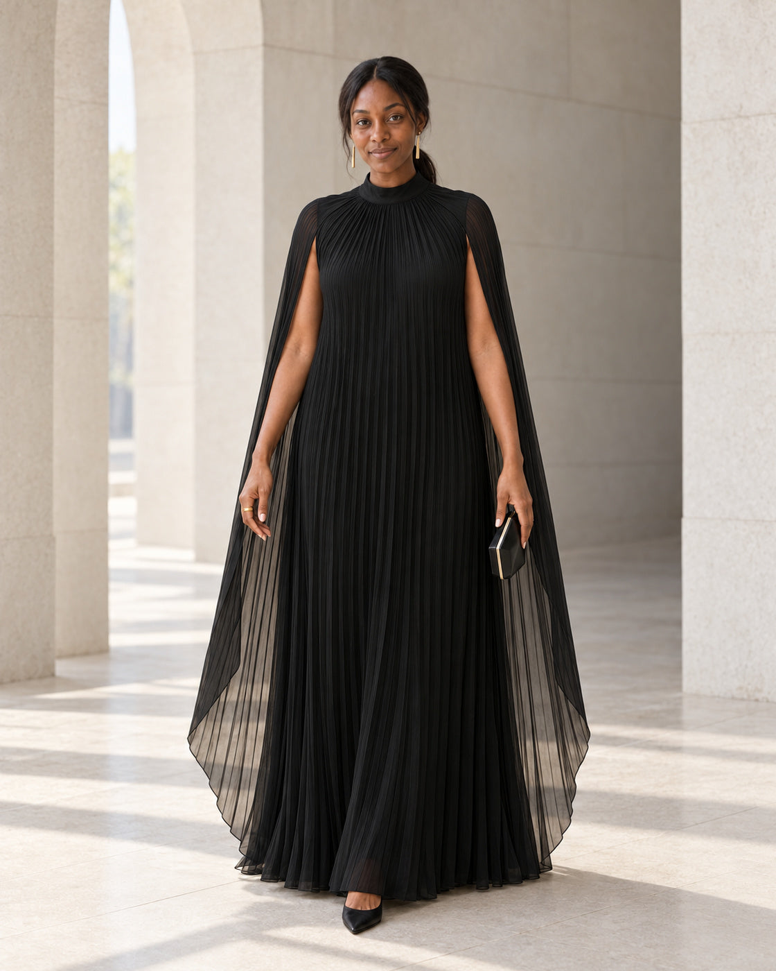 Nayara Cape Gown - Black - Model 6 - Front styled look