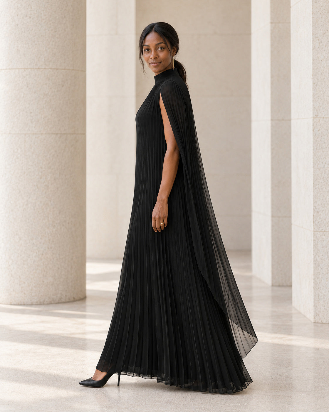 Nayara Cape Gown - Black - Model 6 - True side styled look