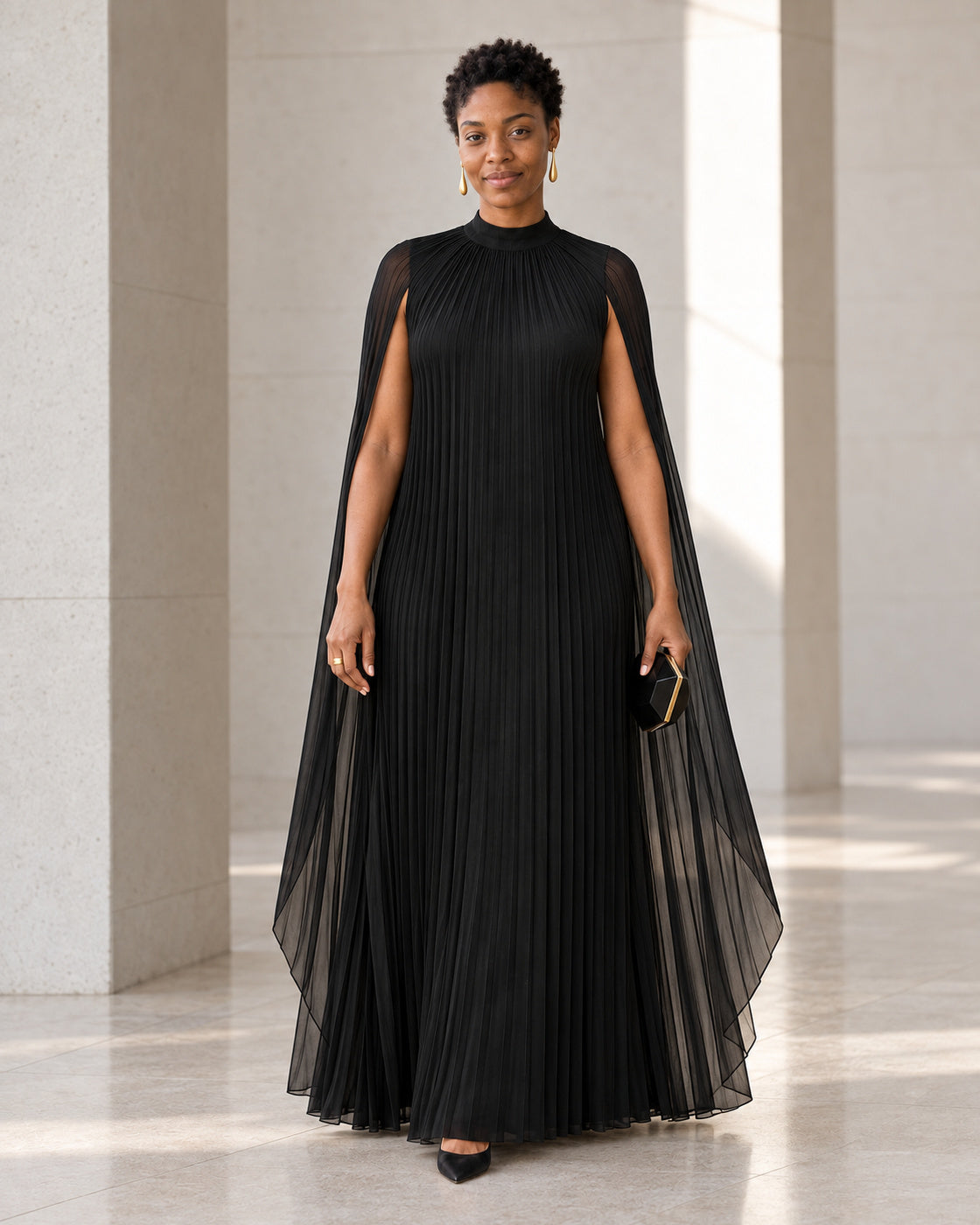 Nayara Cape Gown - Black - Model 8 - Front styled look