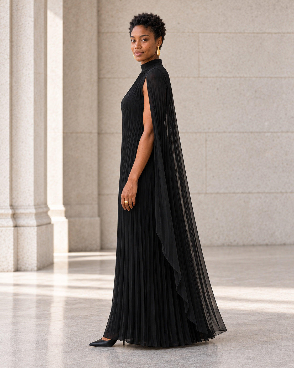 Nayara Cape Gown - Black - Model 8 - True side styled look