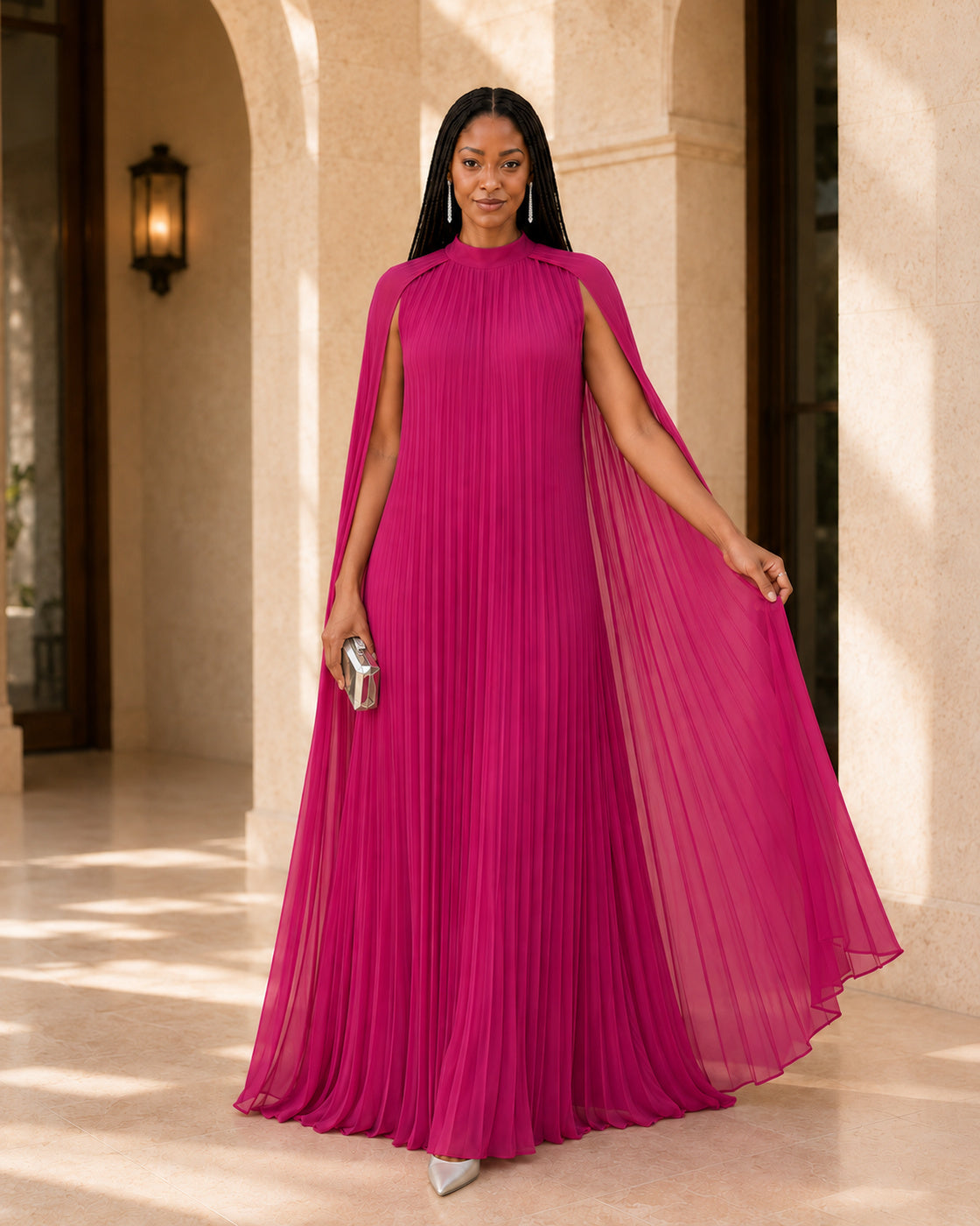 Nayara Cape Gown - Fuchsia - Model 1 - Front styled look