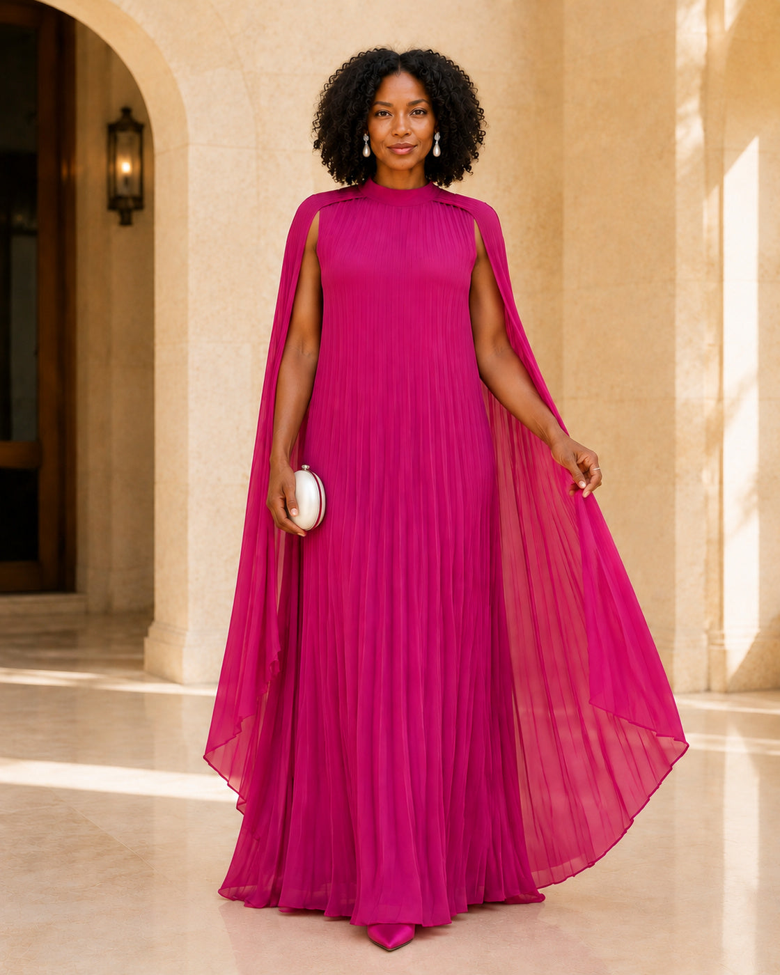 Nayara Cape Gown - Fuchsia - Model 2 - Front styled look