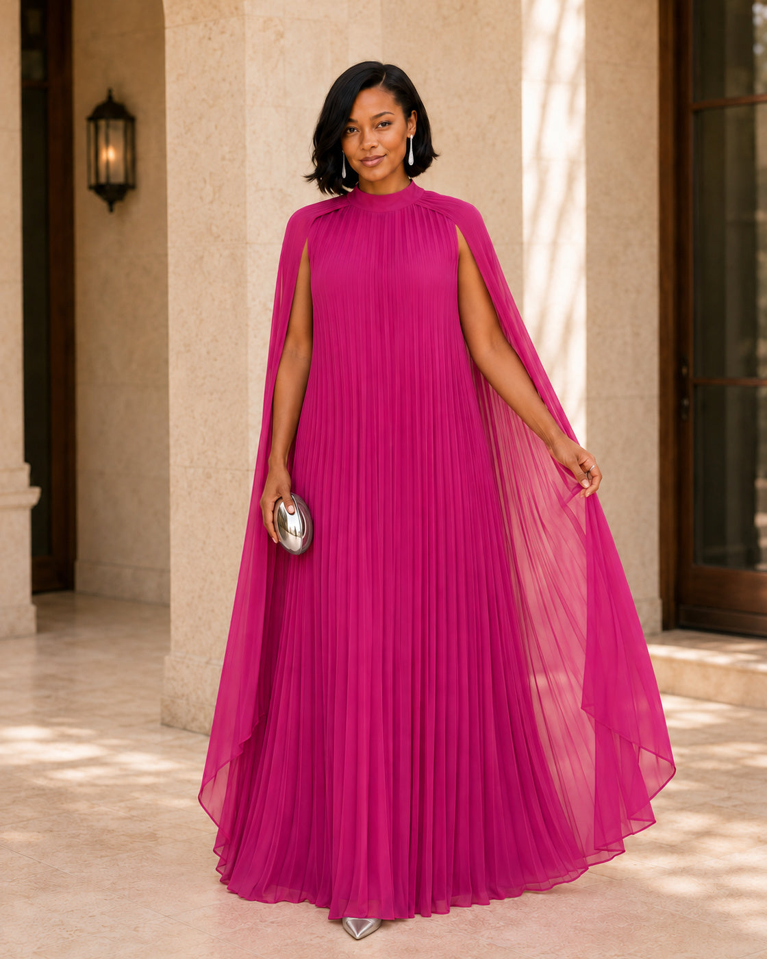 Nayara Cape Gown - Fuchsia - Model 3 - Front styled look