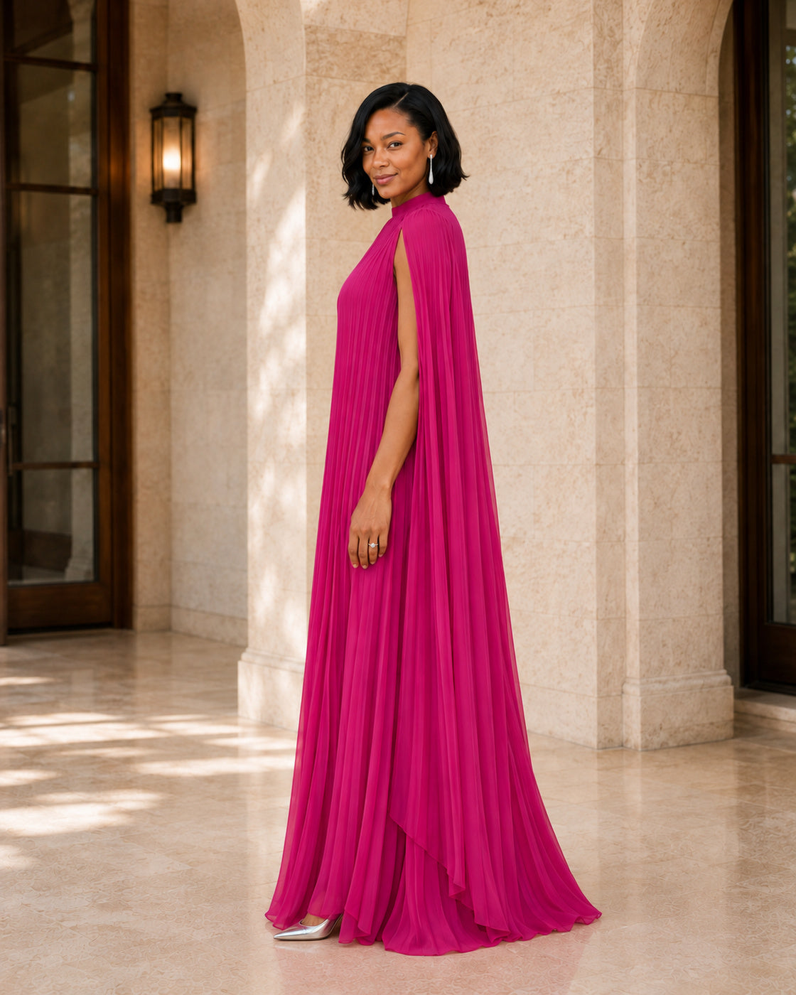 Nayara Cape Gown - Fuchsia - Model 3 - True side styled look