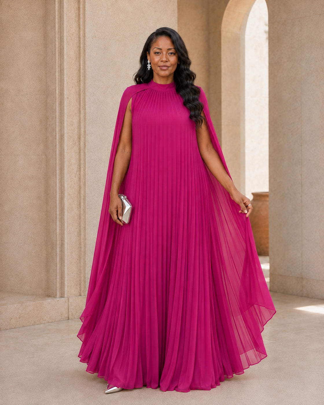Nayara Cape Gown - Fuchsia - Model 5 - Front styled look