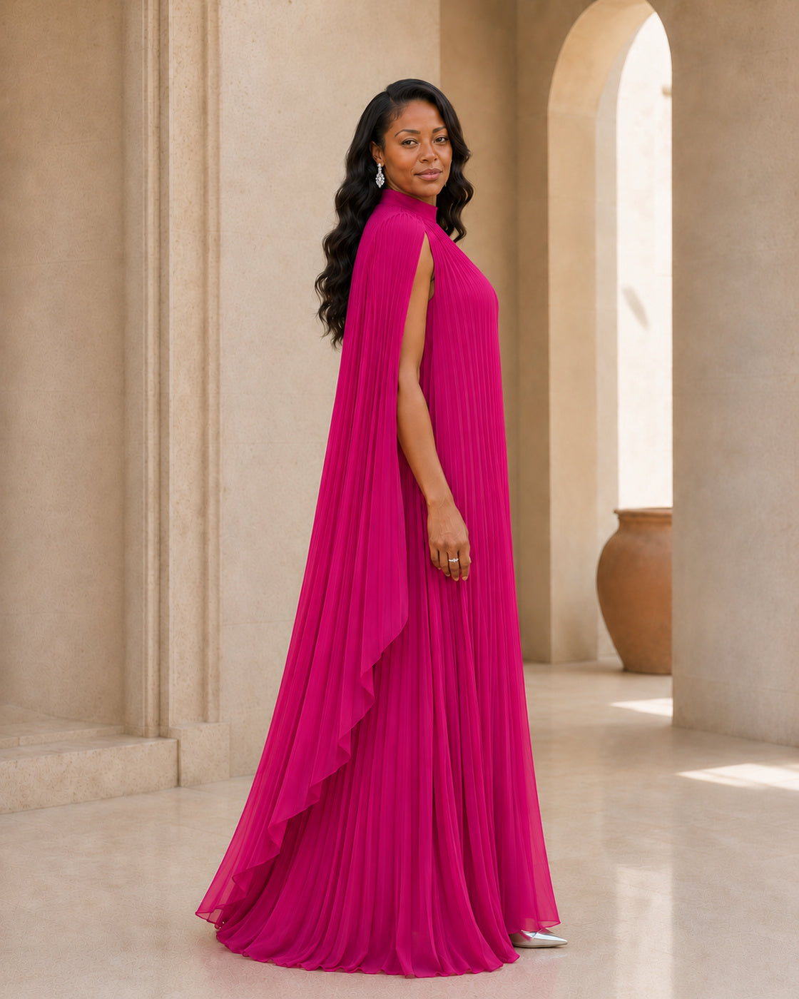 Nayara Cape Gown - Fuchsia - Model 5 - True side styled look