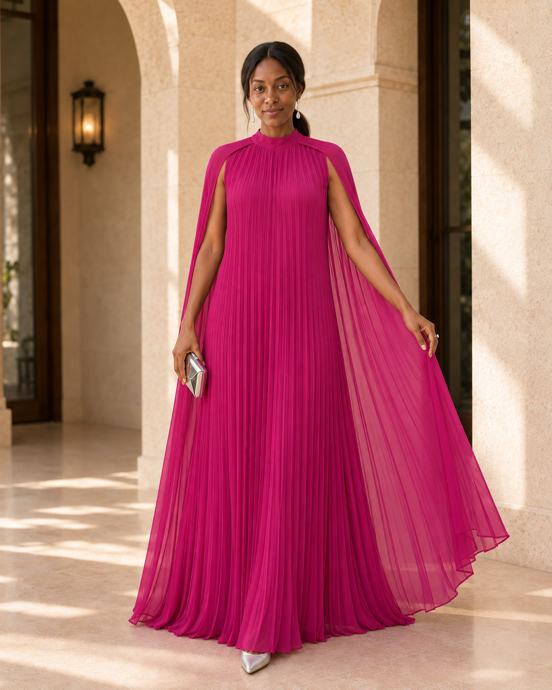 Nayara Cape Gown - Fuchsia - Model 6 - Front styled look