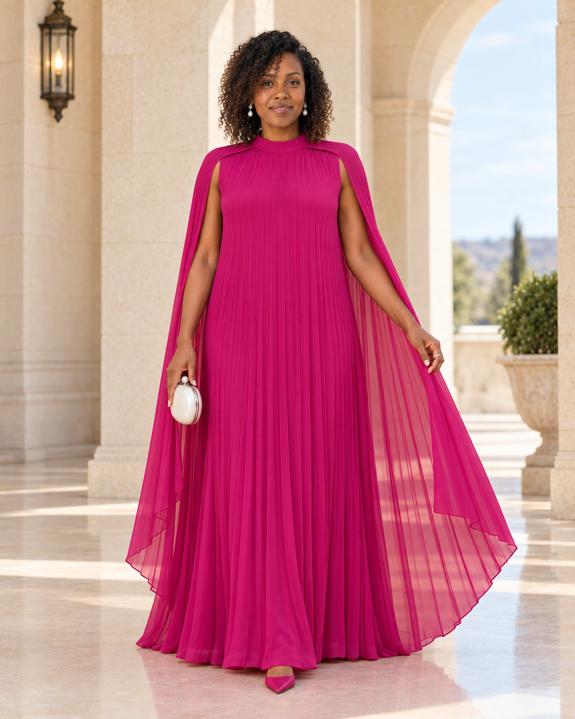 Nayara Cape Gown - Fuchsia - Model 7 - Front styled look