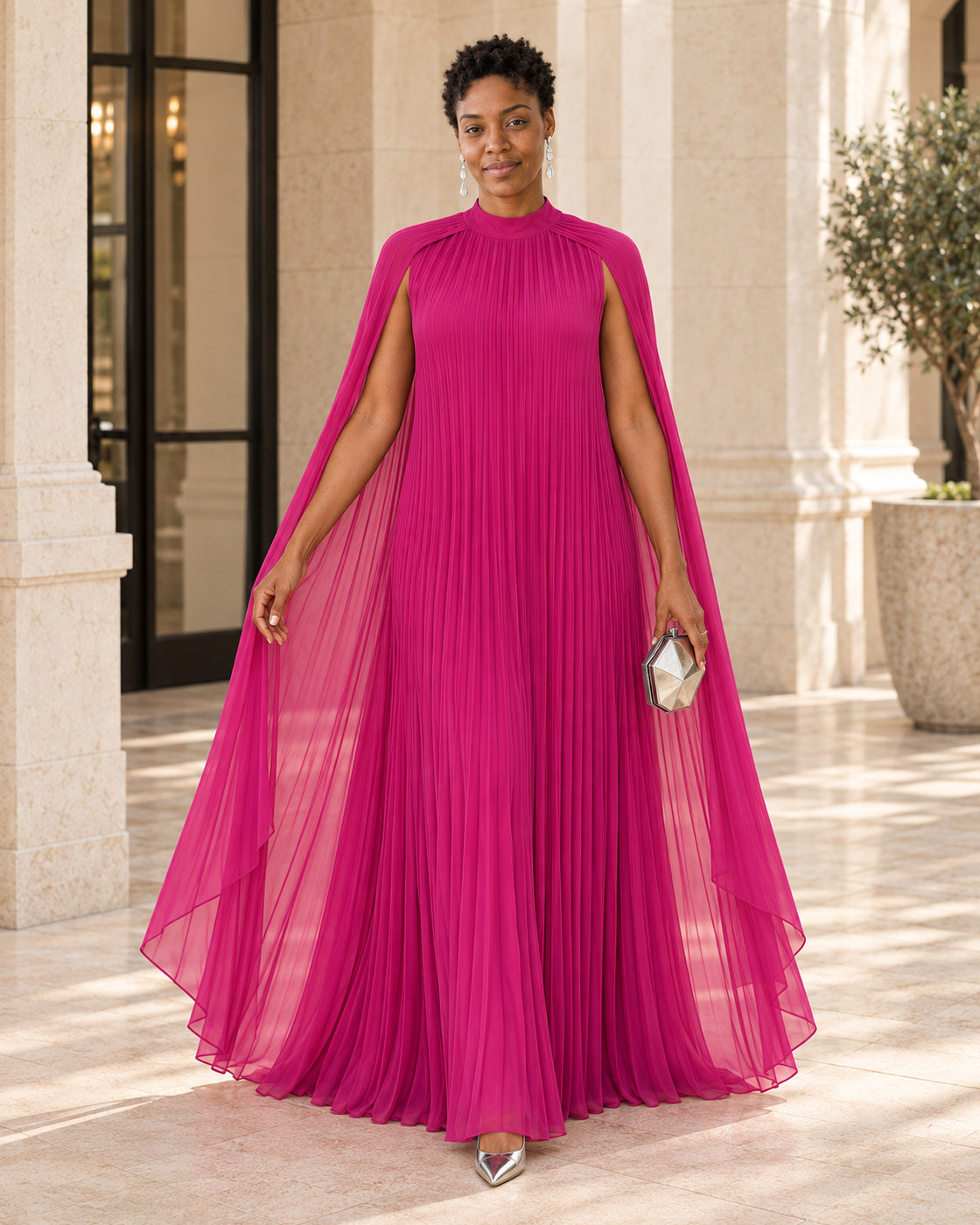 Nayara Cape Gown - Fuchsia - Model 8 - Front styled look