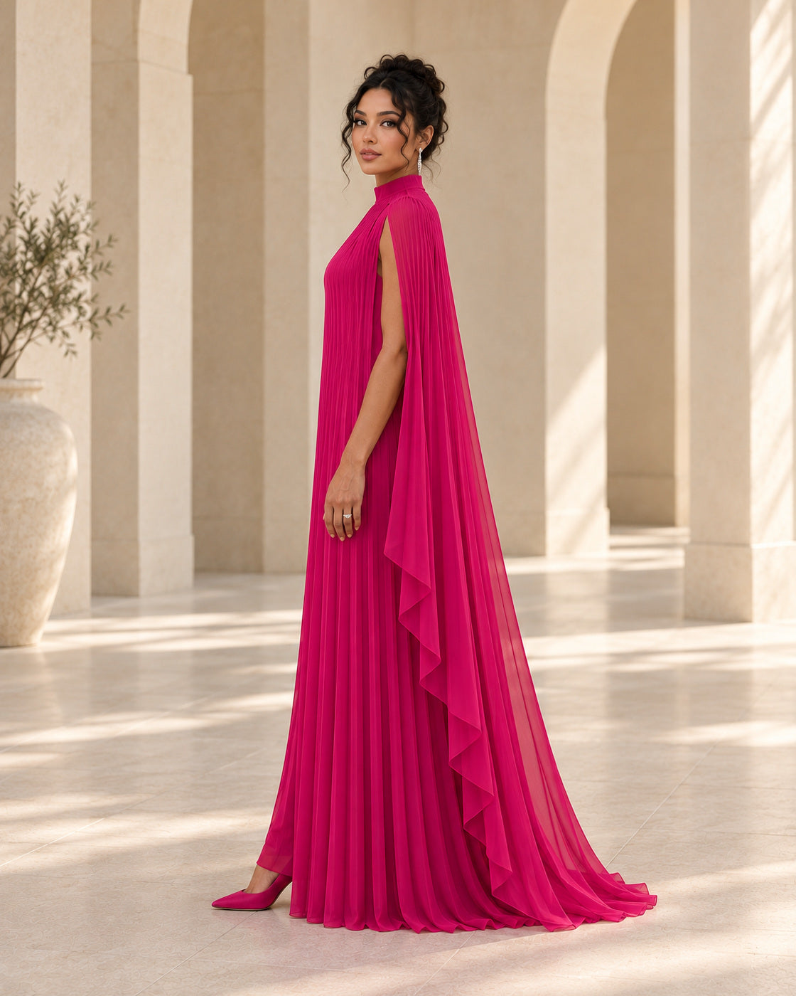 Nayara Cape Gown - Fuchsia - Model 9 - True side styled look
