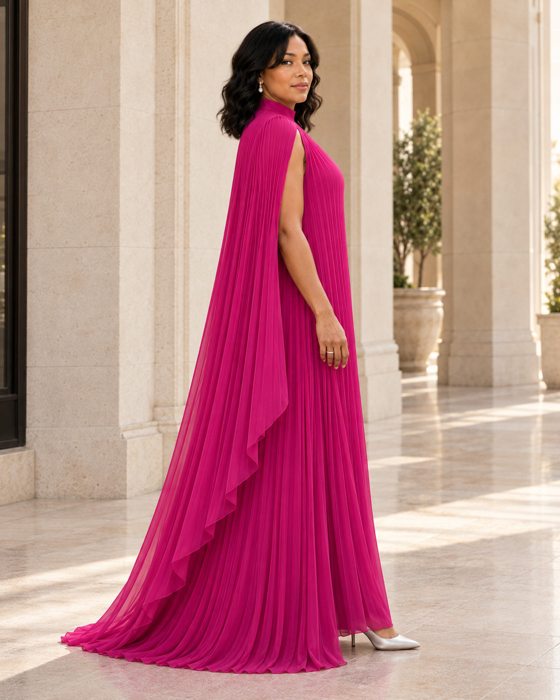 Nayara Cape Gown - Fuchsia - Model 10 - True side styled look
