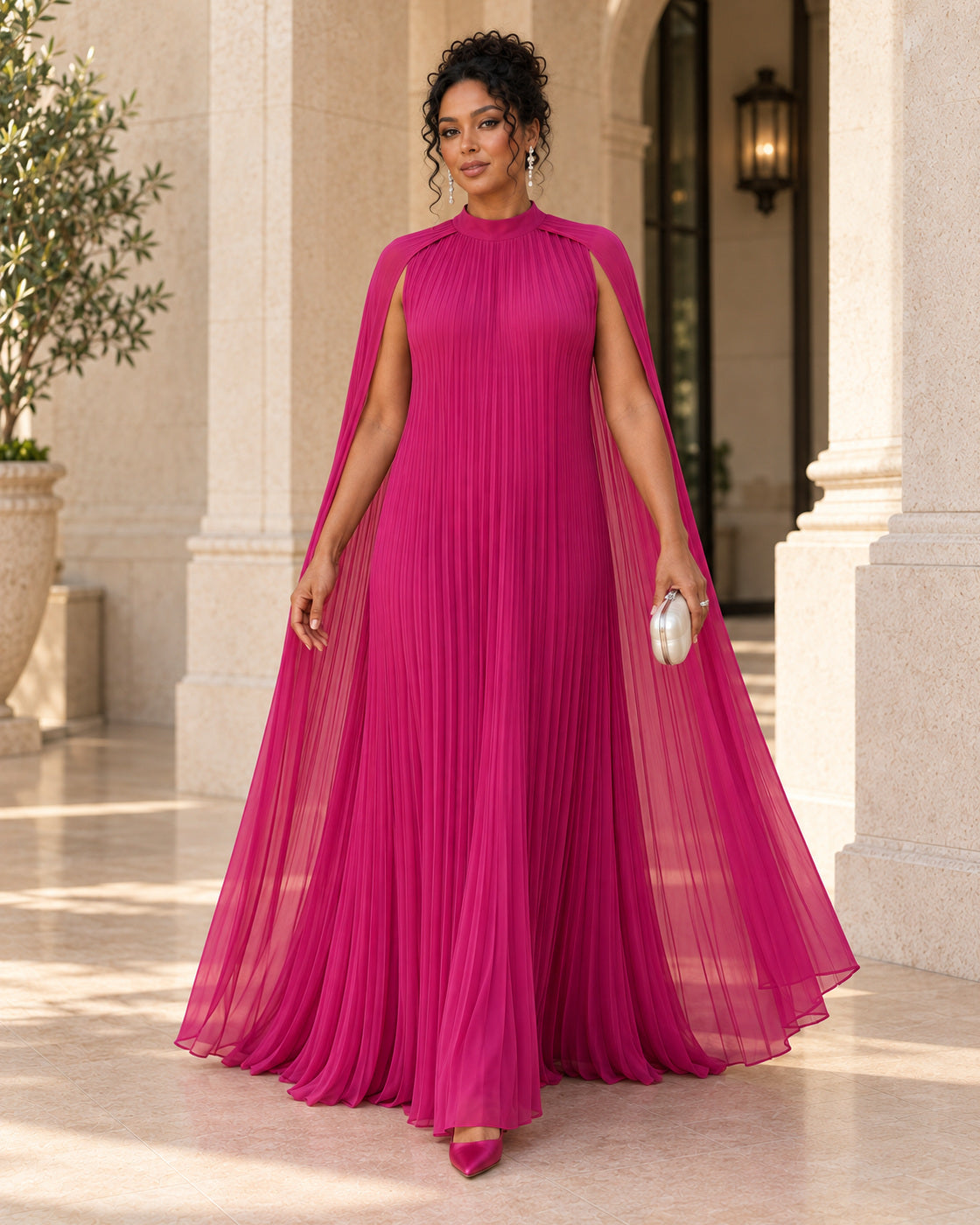 Nayara Cape Gown - Fuchsia - Model 11 - Front styled look