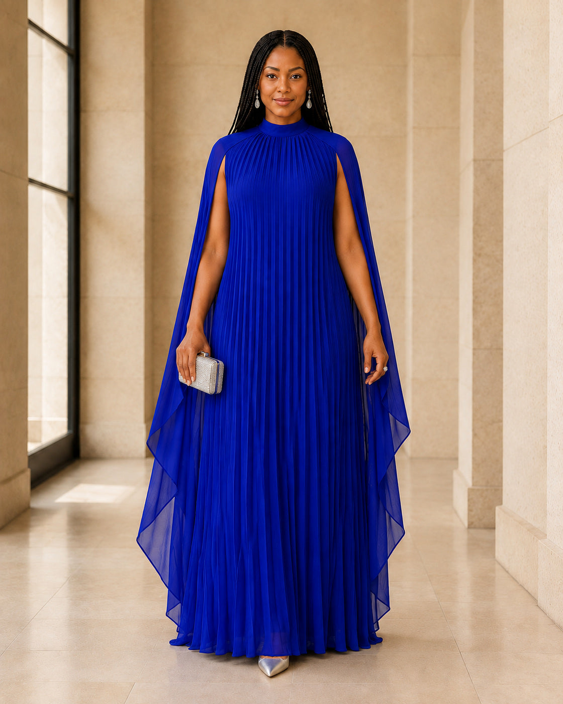 Nayara Cape Gown - Royal Blue - Model 1 - Front styled look
