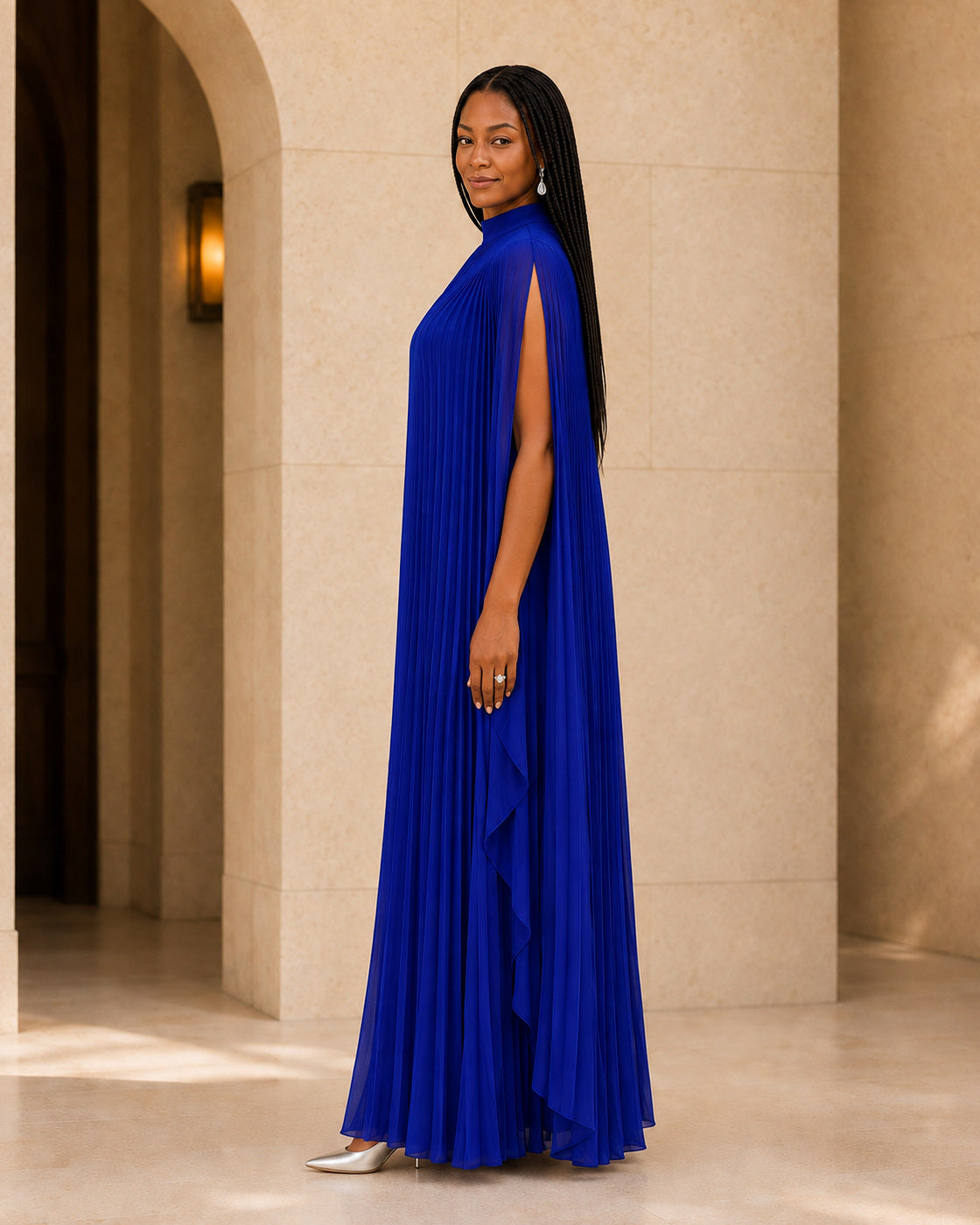 Nayara Cape Gown - Royal Blue - Model 1 - True side styled look