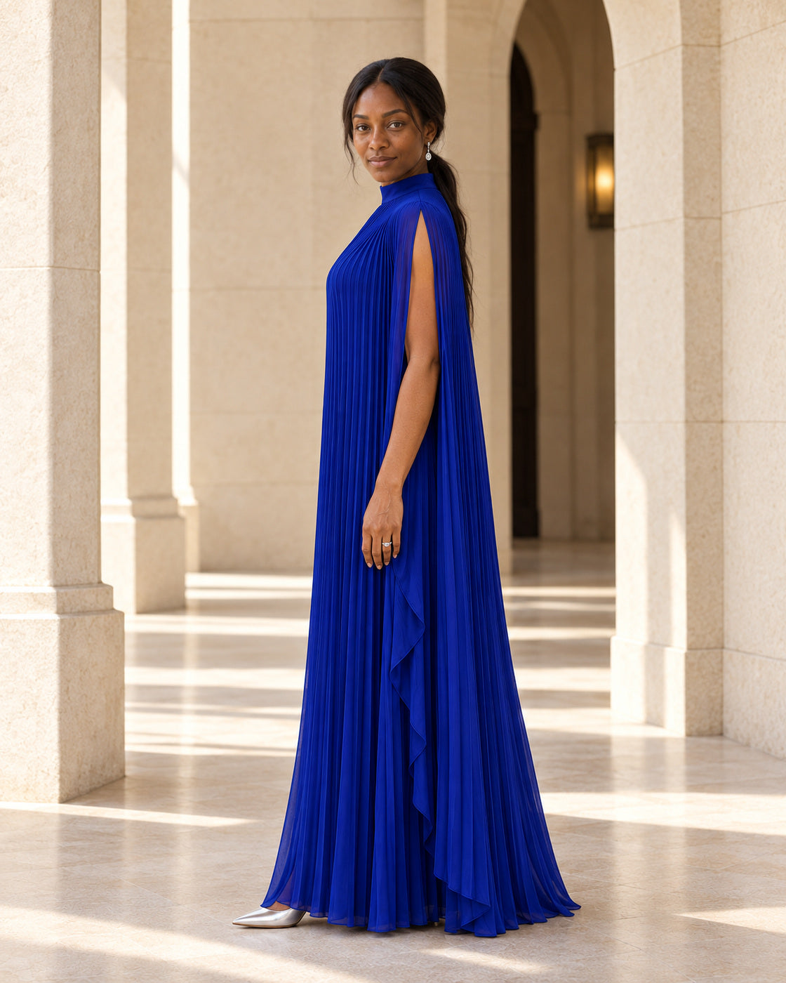 Nayara Cape Gown - Royal Blue - Model 6 - True side styled look