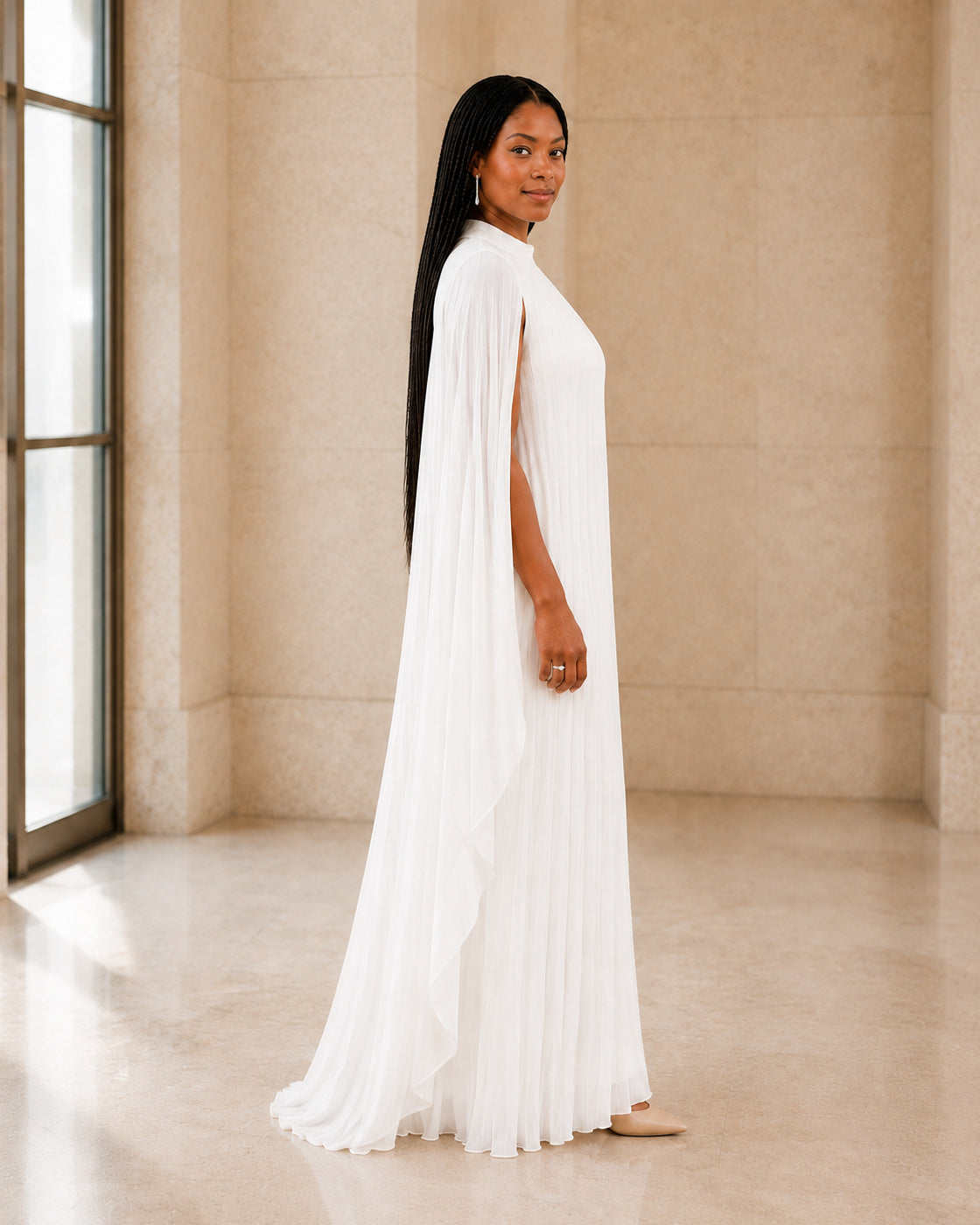 Nayara Cape Gown - White - Model 1 - True side styled look