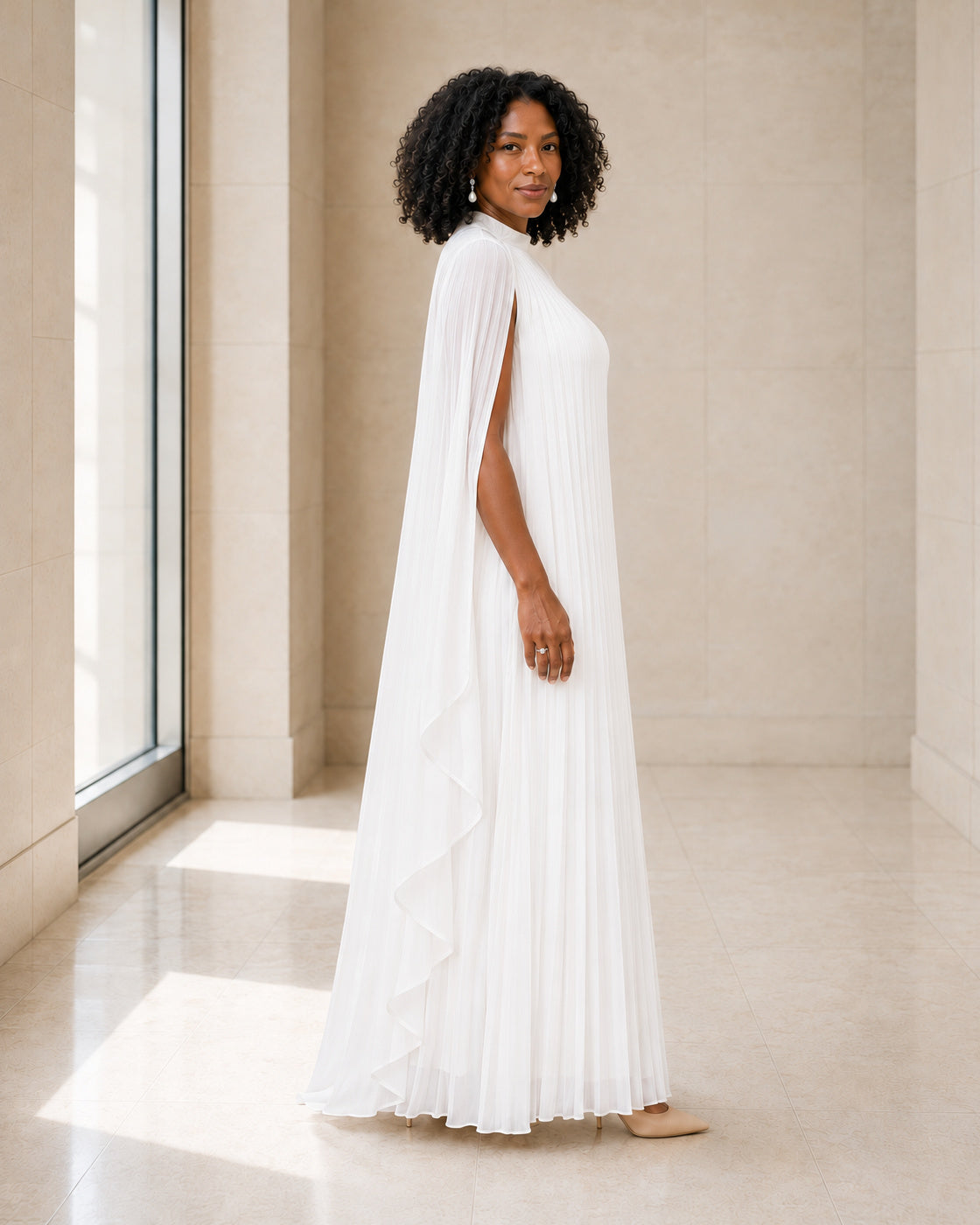 Nayara Cape Gown - White - Model 2 - True side styled look