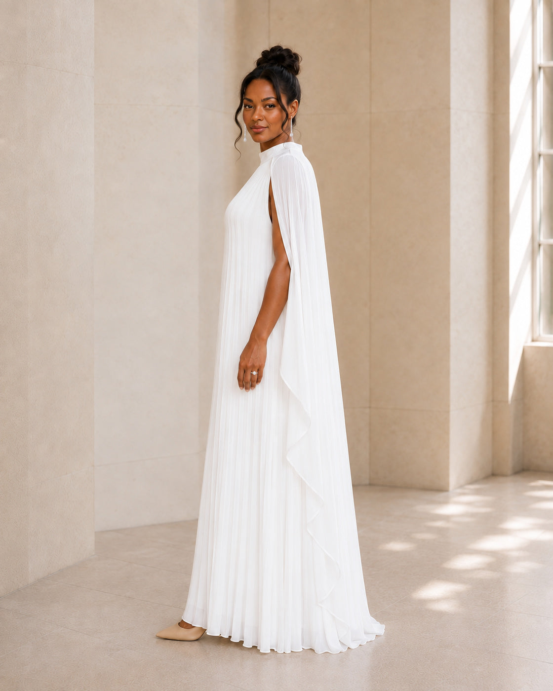 Nayara Cape Gown - White - Model 4 - True side styled look