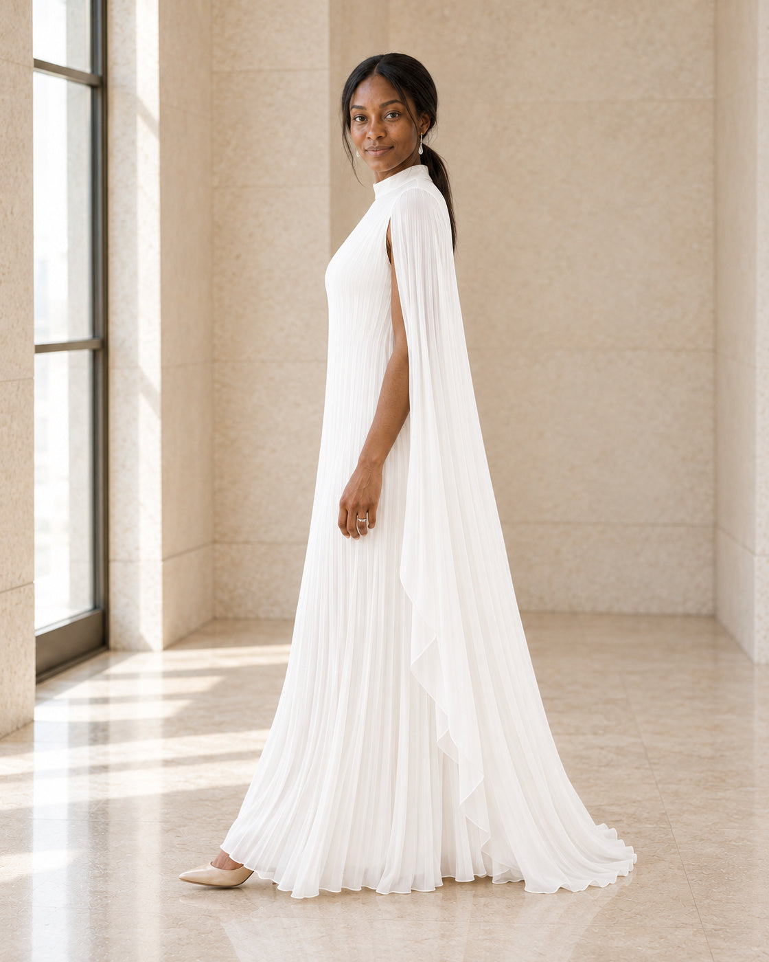 Nayara Cape Gown - White - Model 6 - True side styled look
