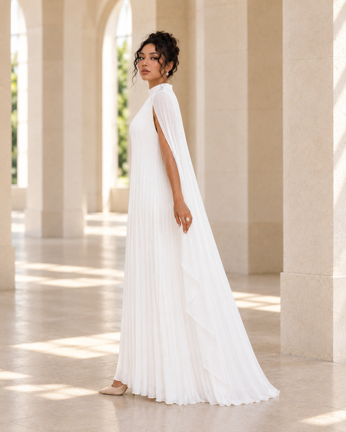 Nayara Cape Gown - White - Model 9 - True side styled look