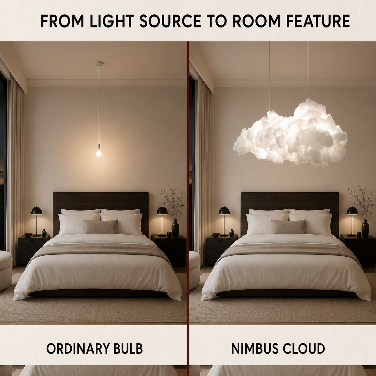Nimbus Cloud Chandelier compared side by side with an ordinary ceiling bulb