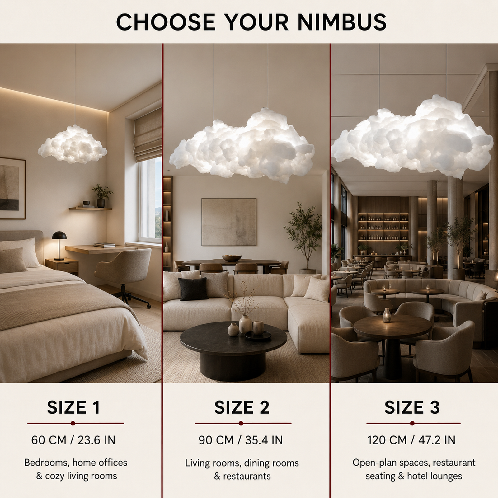 Nimbus Cloud Chandelier size guide for 60, 90, and 120 centimeter options