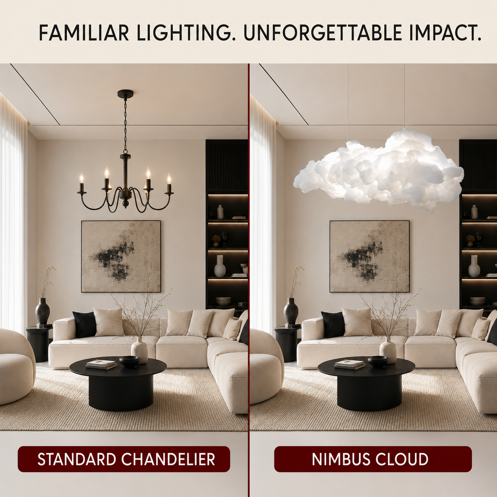 Nimbus Cloud Chandelier compared side by side with a standard chandelier