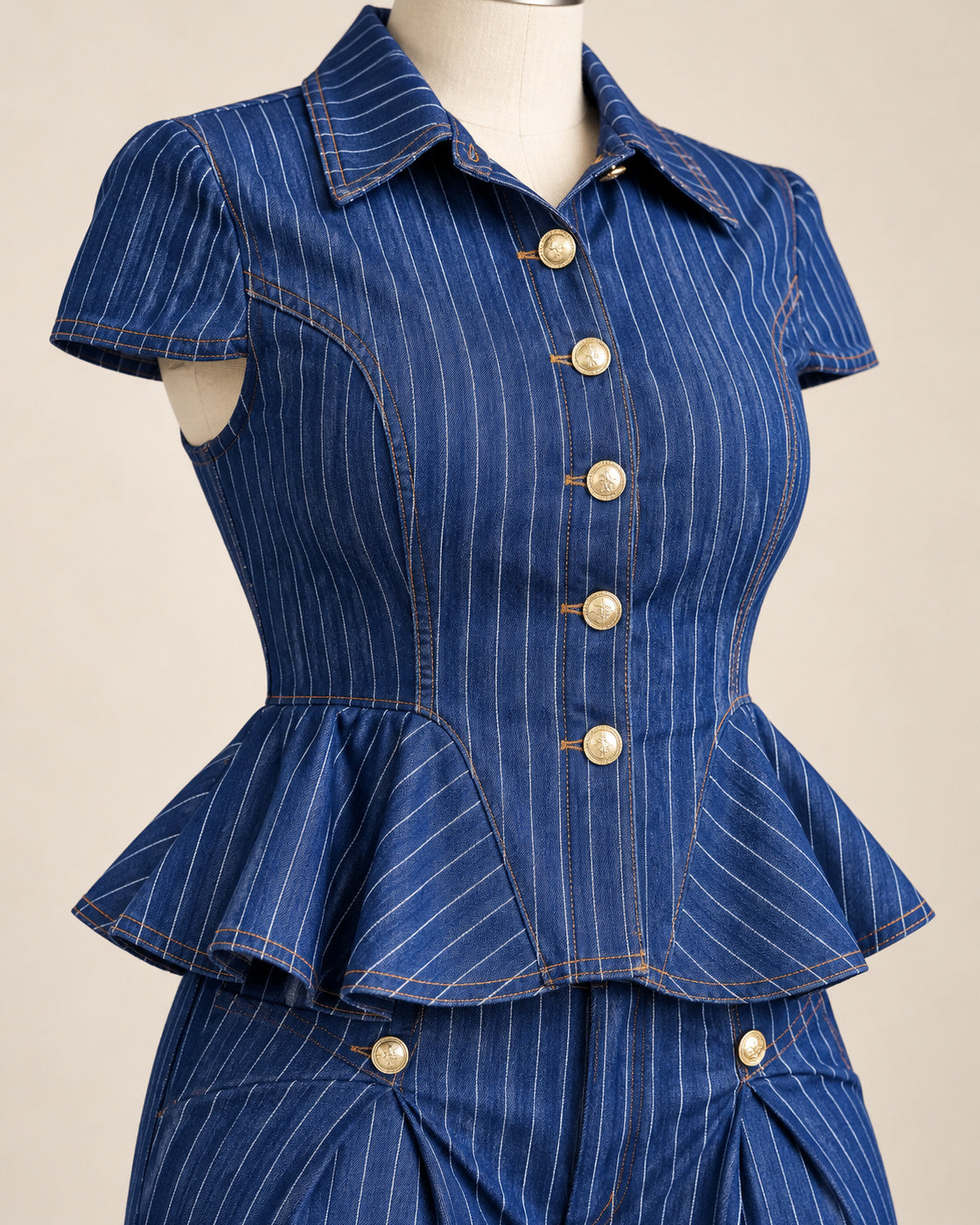Odelia Pinstripe Pants Set in Denim — pinstripe, button and peplum construction detail