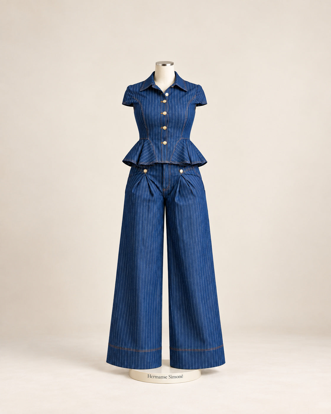 Odelia Pinstripe Pants Set in Denim — front view on a branded display form