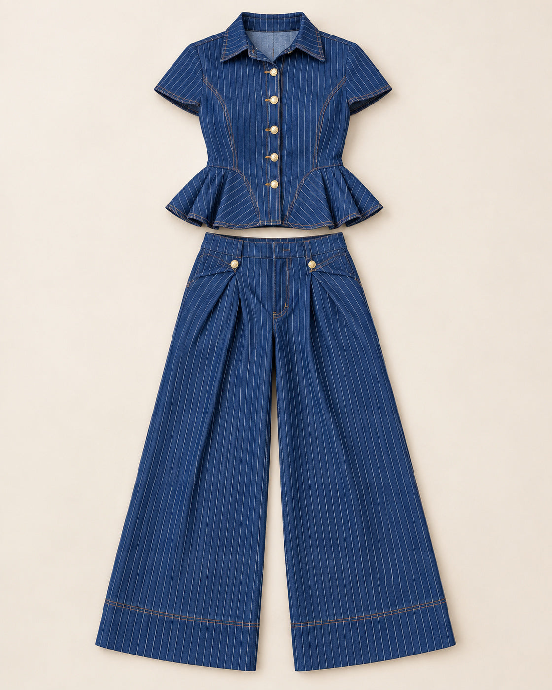 Odelia Pinstripe Pants Set in Denim — standalone garment view, without a model or mannequin