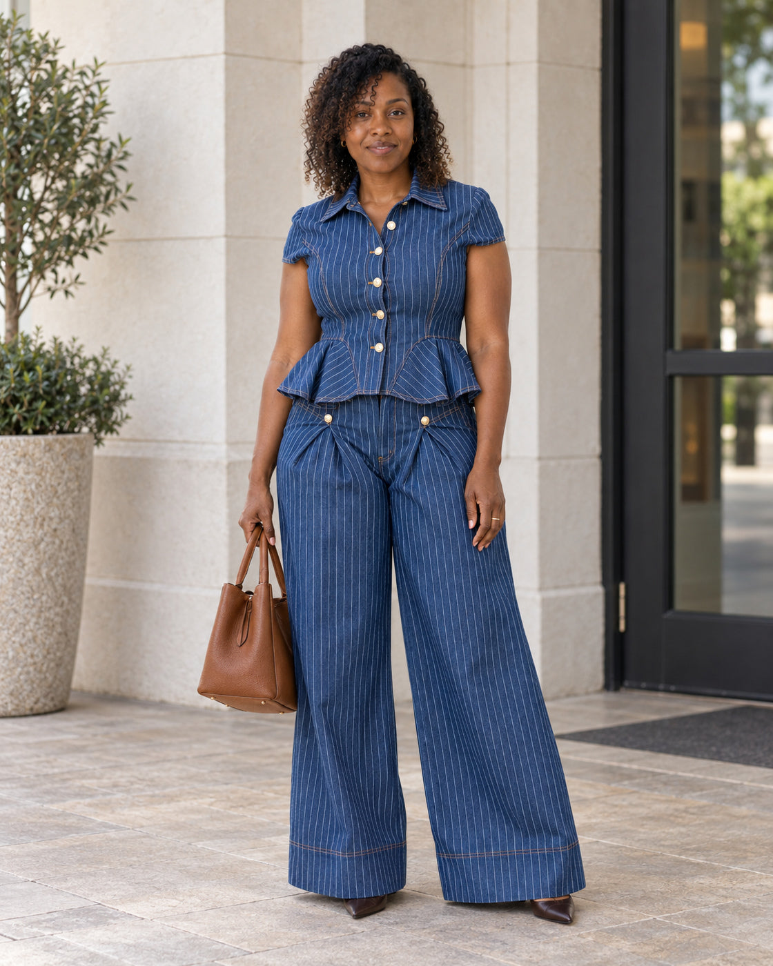 Odelia Pinstripe Pants Set in Denim — Model 7, front view