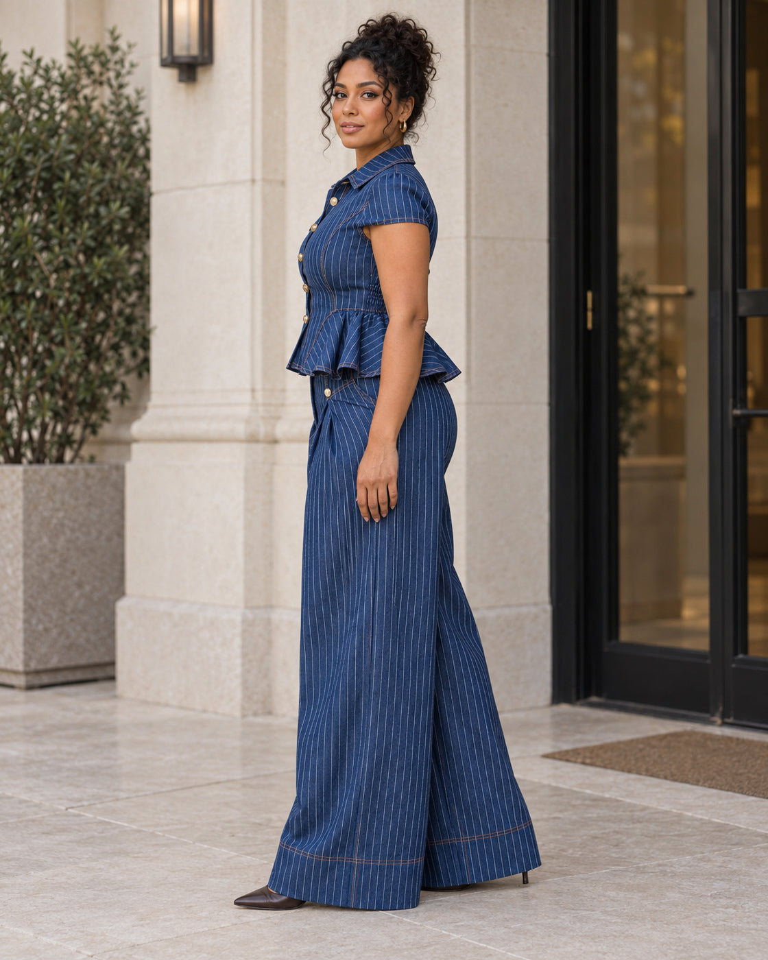 Odelia Pinstripe Pants Set in Denim — Model 11, side view